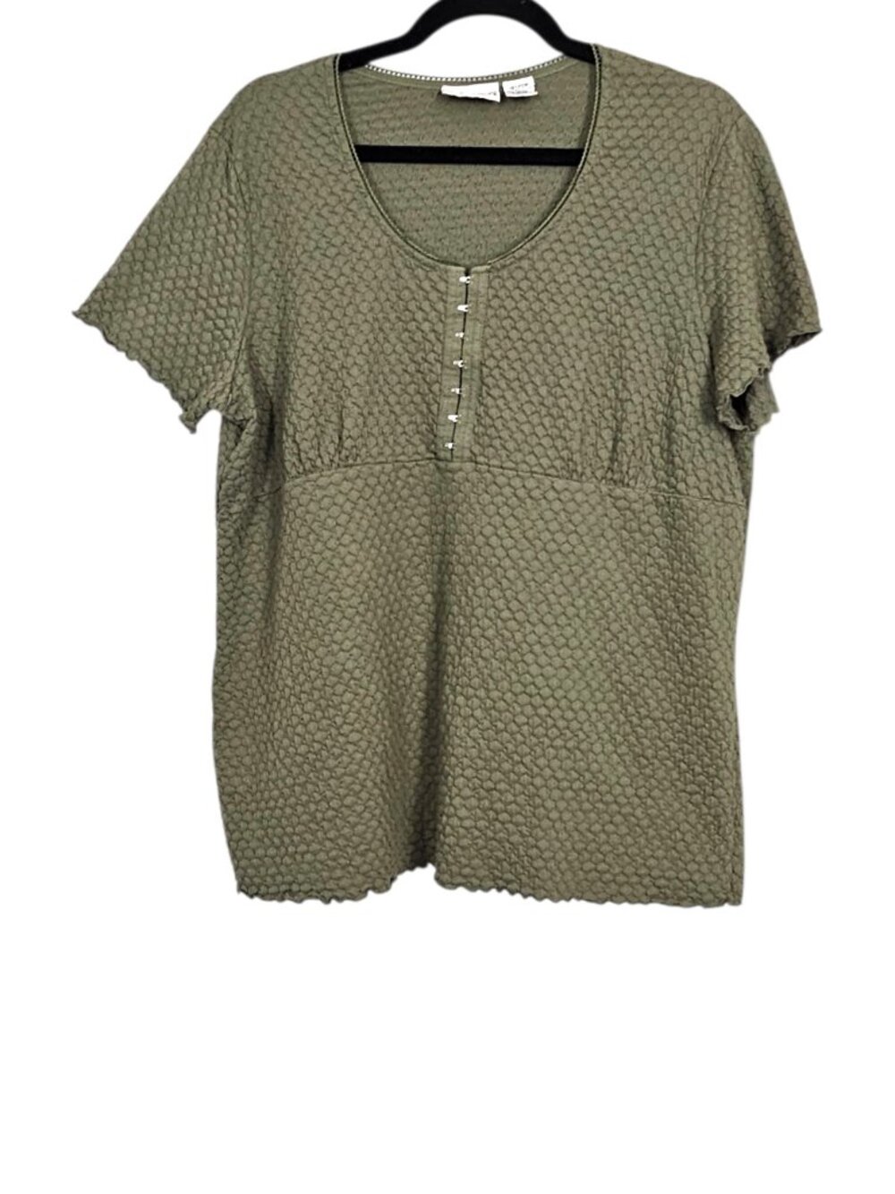 Vintage Fashion Bug Y2K Textured Short Sleeve Cotton Blend Top Olive 18-20W